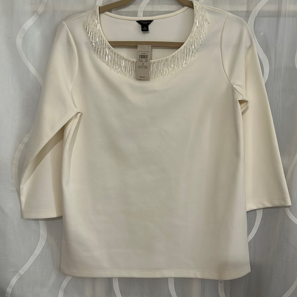 Ann Taylor Beige Top With Beaded Fringe, Size Small